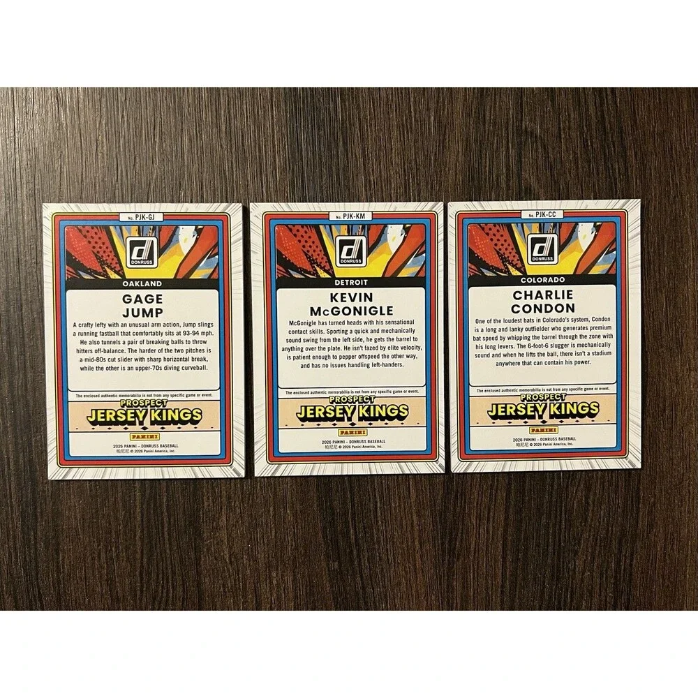 2026 Panini Donruss  Jersey Kings - Charlie Condon, Kevin Mcgonigle, Gage Jump